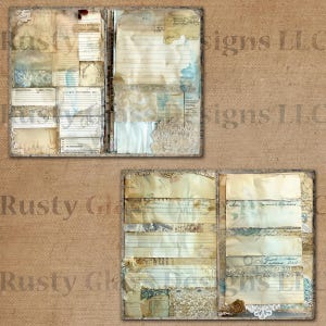 May include: A vintage-style journal with pages made of textured paper and decorated with lace, floral patterns, and handwritten notes. The journal is bound with a metal ring and has a distressed, aged look.