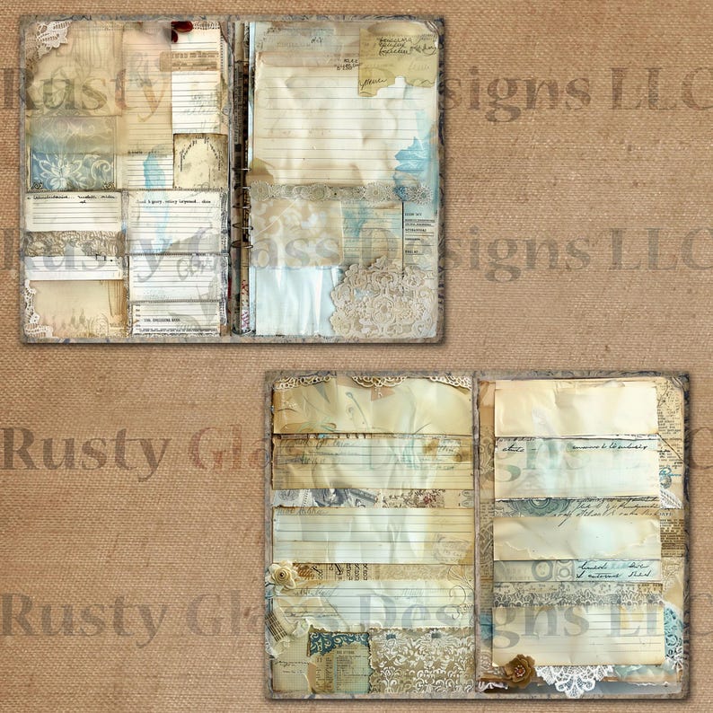 May include: A vintage-style journal with pages made of textured paper and decorated with lace, floral patterns, and handwritten notes. The journal is bound with a metal ring and has a distressed, aged look.