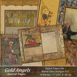 Antique Vintage Gold Angels Printable Junk Journal Pages, Printable Antique Ephemera Angel-Themed Journal Pages, Digital Angel Journal Pages