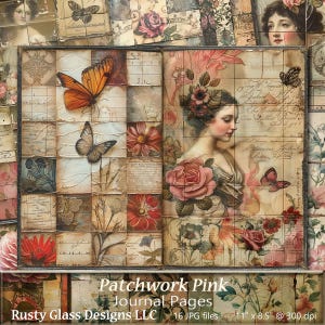 Patchwork Pink Junk Journal Pages Afdrukbaar dagboek, roze collagedagboek, blanco en gelinieerde pagina's, vrouwen, vogels, bloemen, botanisch dagboek