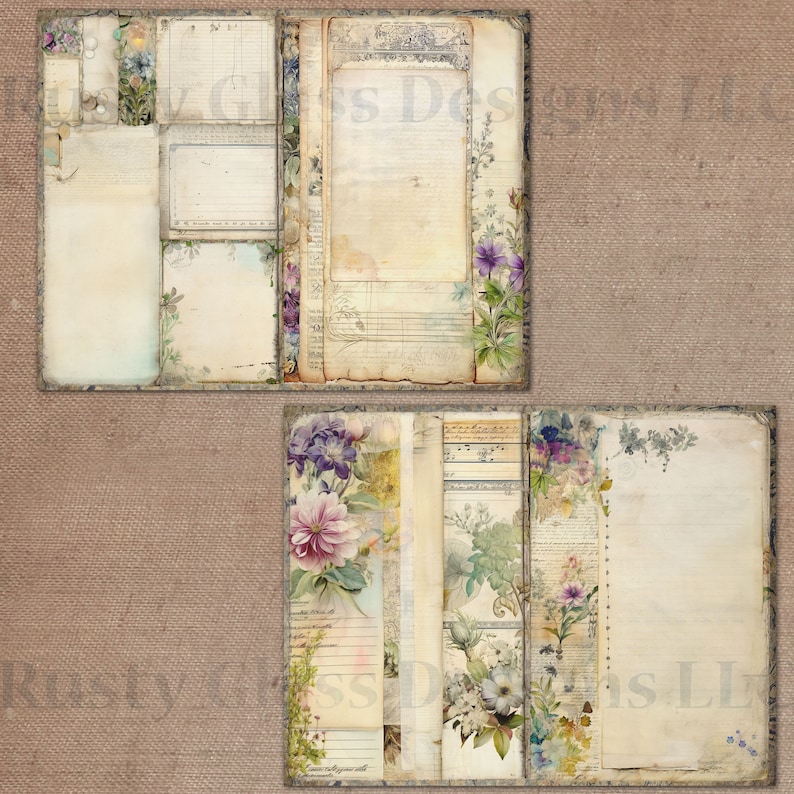 May include: A printable digital paper pack with floral designs and vintage textures. The pack includes a variety of papers with different patterns and colors, including floral, botanical, and vintage designs. The papers are perfect for scrapbooking, card making, and other paper crafts.