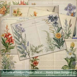 Botanical Ledger Pages Set 4 / Printable Journal Paper / Botanical Junk Journal / Digital Ledger Journal Paper / Junk Journal Pages