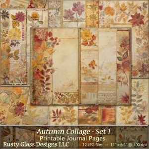 Páginas de diario de otoño, collages florales con hojas de otoño, collage de técnica mixta, papel de diario patchwork, página de diario a color con hojas de otoño