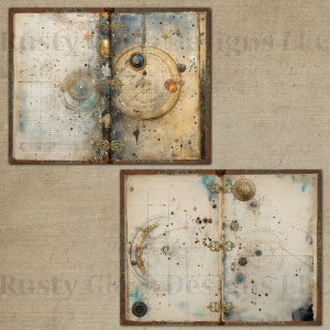 May include: An open antique book with a worn leather cover and brass clasps. The pages are filled with intricate drawings of celestial bodies and constellations. The book is open to a page with a detailed drawing of a compass.