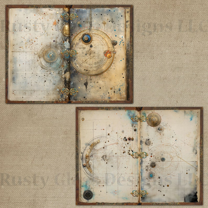 May include: An open antique book with a worn leather cover and brass clasps. The pages are filled with intricate drawings of celestial bodies and constellations. The book is open to a page with a detailed drawing of a compass.