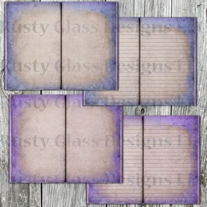 May include: Four pages of a purple and brown journal with lined paper. The pages are open and ready for writing. The journal has a vintage look and feel.