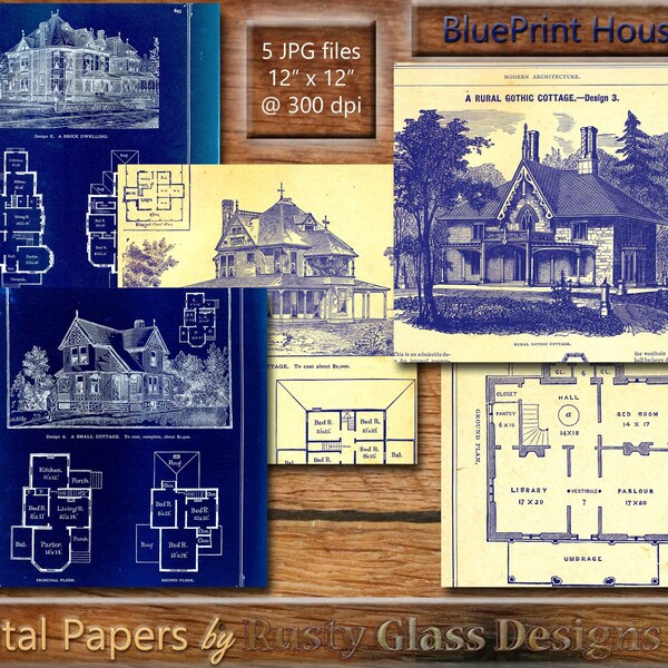 Digital Backgrounds, "BluePrint Houses 1" / Digital Papers / Architecture / House Plans / Blueprints / scrapbook / Digital Paper pack