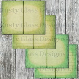 May include: Set of four green and yellow lined paper journal pages with the text "Rusty Glass Designs" printed on each page. The pages are arranged in a stack on a wooden background.