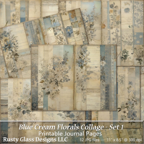 Blue and Cream Collage Journal Pages, French Blue Junk Journal Pages, Shabby Chic Floral Mixed Media Collage, Patchwork Journal Paper
