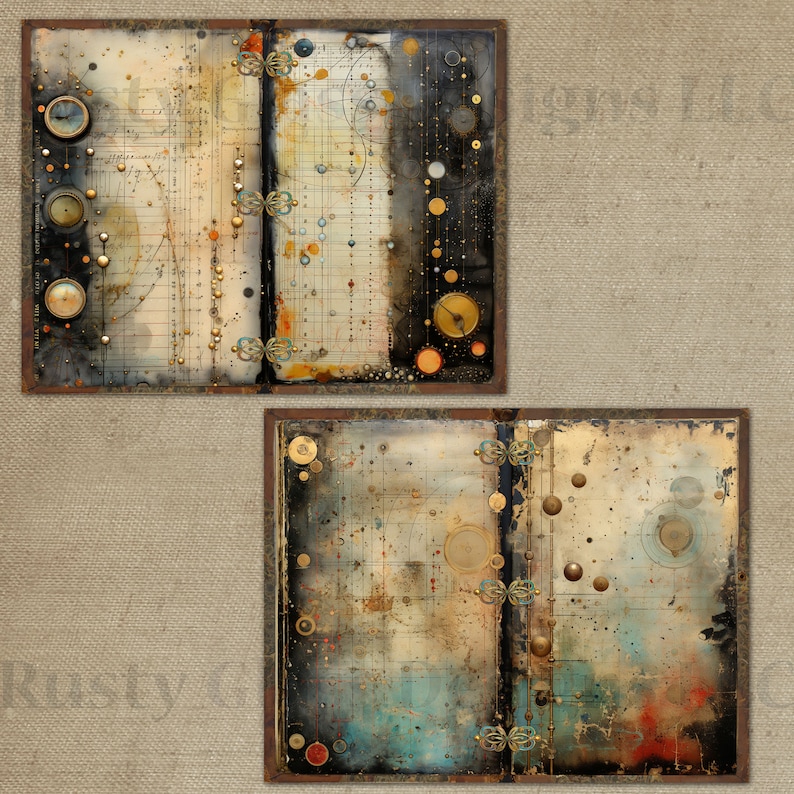 May include: Two abstract paintings on canvas with a distressed, aged look. The paintings feature a mix of gold, brown, and blue colors, with intricate patterns and textures. The paintings are framed in a rustic, metallic frame.