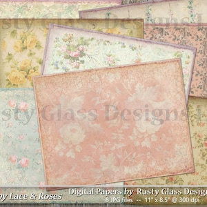 Papel digital con rosas y encaje desgastado, páginas de diario basura, papel rosa, descarga, estilo shabby chic, hoja de collage, álbum de recortes, floral, rosa, encaje