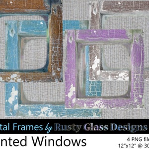 Op de afbeelding: Vier digitale frames met een verweerde, beschilderde houten look. De frames zijn op elkaar gelegd, waardoor een uniek en rustiek ontwerp ontstaat. De frames zijn 30,5 cm bij 30,5 cm en hebben een resolutie van 300 dpi.
