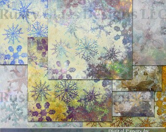 May include: A set of eight digital papers featuring a snowflake grunge design. The papers are in shades of blue, green, yellow, and brown with a distressed, textured look. Each paper is 12 inches by 12 inches at 300 dpi.