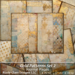 May include: A set of eight digital paper backgrounds featuring gold patterns and textures. The papers are designed to look like old journal pages with distressed edges and faded colours. The papers are 11 inches by 8.5 inches and 300 dpi.