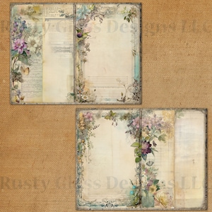 May include: Two printable journal pages with floral borders. The pages have a vintage aesthetic with faded text and a light brown background. The floral borders feature a variety of flowers in shades of pink, purple, blue, and white.