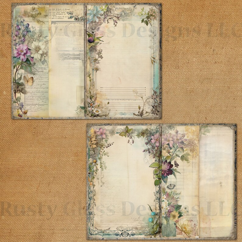 May include: Two printable journal pages with floral borders. The pages have a vintage aesthetic with faded text and a light brown background. The floral borders feature a variety of flowers in shades of pink, purple, blue, and white.