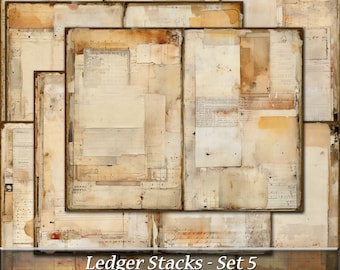 Neutral Ledger Stacks, Shabby Grungy Journal Pages Set 5 (Digital Download)