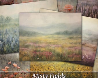 Misty Fields Printable Papers, Muted Floral Landscape Images, Digital Junk Journal Pages, Background Papers