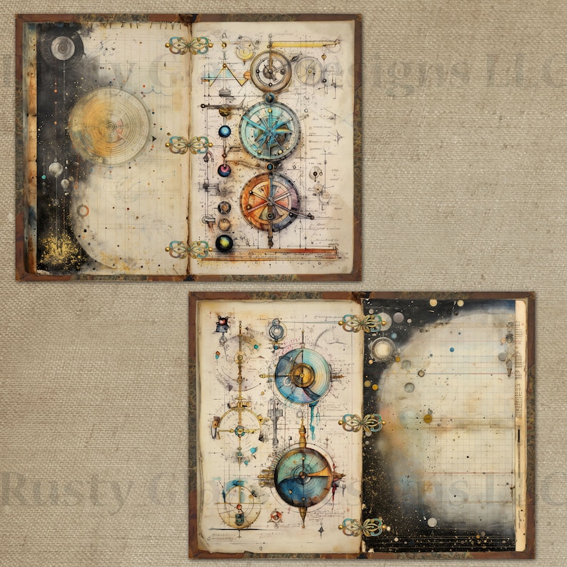 May include: An open book with two pages, each featuring a detailed illustration of a celestial clockwork mechanism. The left page has a dark background with a moon and stars, while the right page has a lighter background with a sun and planets. The illustrations are drawn in a vintage style with intricate details and watercolor washes.