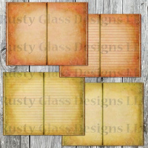 May include: Four digital paper pages with a vintage, aged look. The pages are lined and have a textured background. The text "Rusty Glass Designs" is visible on each page.