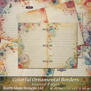 Bunte Ornamentale Bordüre Junk Journal Seiten, druckbare Journalseiten, leeres und liniertes Papier, druckbares farbiges Journalpapier, 40 Seiten