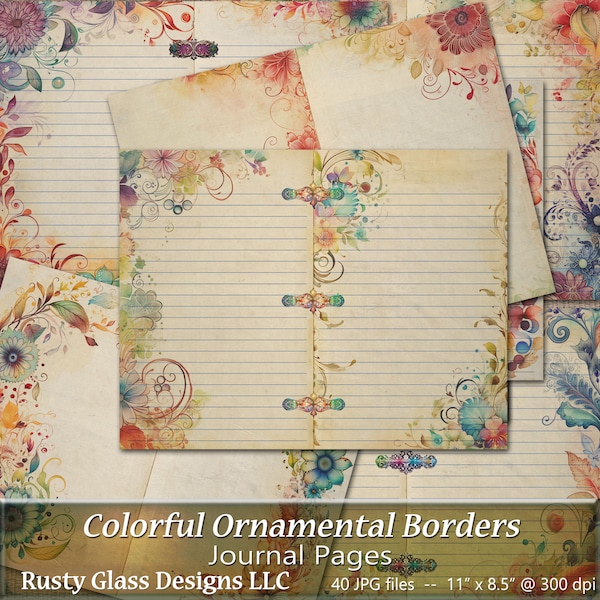 Colorful Ornamental Border Junk Journal Pages, Printable Journal Pages, Blank and Lined Paper, Printable Colored Journal Paper, 40 pages