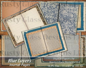 Digitale dagboekpagina's, "blauwe lagen" / Junk Journal / Junk Journal Pages / Digital Papers / Junk Journal Kit / Afdrukbaar dagboek