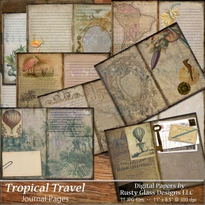 Tropical Travel Junk Journal Pages, Travel Journal, Printable Junk Journal Page, Antique Vintage Ephemera, Adventure Explorer Journal