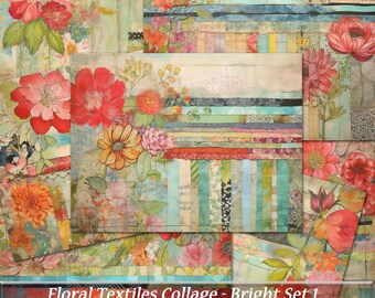 Könnte beinhalten: Eine digitale Collage aus floralen Mustern und bunten Streifen. Die Collage besteht aus acht Einzelbildern, die jeweils 28 cm x 21,6 cm bei 300 dpi messen. Die Bilder sind mit "Floral Textiles Collage - Bright Set 1 Journal Pages" betitelt und stammen von Rusty Glass Designs LLC.