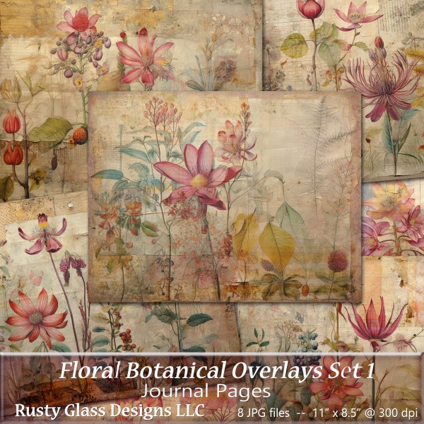 Printable Junk Journal Pages, Floral Botanical Digital Paper, Colorful Shabby Chic Botanical Floral Journal Sheets