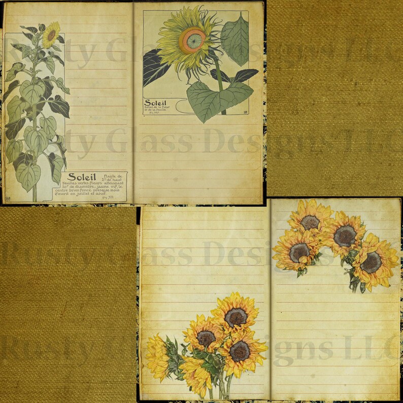 Sunflower Junk Journal Pages, Shabby Chic Printable Journal, Digital