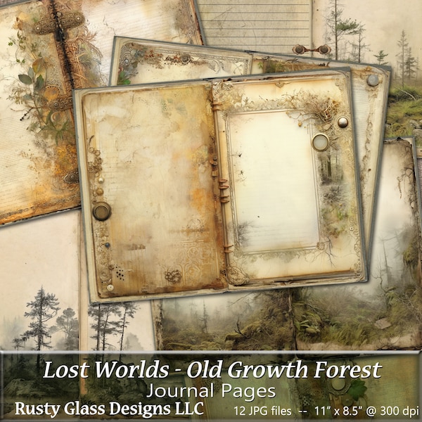 Lost Worlds Old Growth Forest Junk Journal Pages Printable Journal, Blank and Lined Pages, Trees, Forest Journal, Steampunk, Grunge