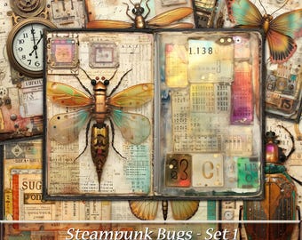 Steampunk Bugs Junk Journal Pages, Insects Butterflies Dragonflies Beetles Journal, Grungy Steampunk Junk Journal Paper, Steampunk Printable