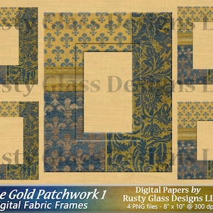 Digitale fotolijsten van blauw-gouden patchworkstof (PNG)