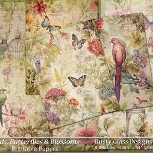 Birds Butterflies and Blossoms Printable Papers / Botanical Theme Journal Papers / Journal Paper Pack / Printable Papers / Junk Journal
