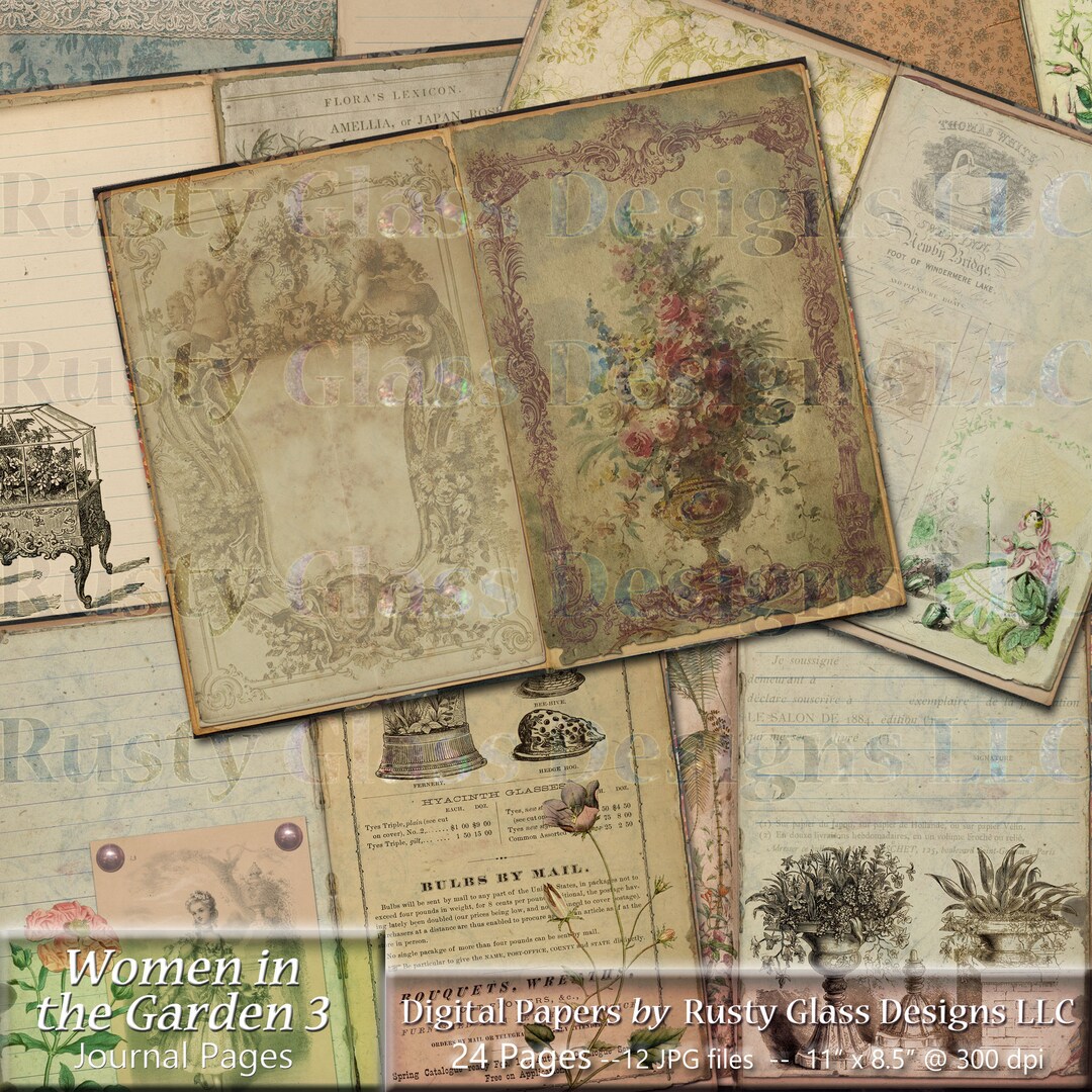 Antique Vintage Garden Junk Journal Pages, Women in the Garden 3 ...