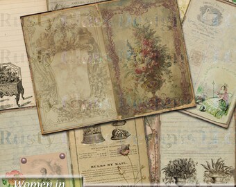 Antique Vintage Garden Junk Journal Pages, Women in the Garden 3, Shabby Garden Printable Junk Journal Pages, Digital Papers, Scrapbook