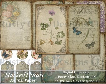 Florale Digital Journal Seiten / Junk Journal Seiten / Printable Journal / Digital Paper pack / Junk Journal, ""Stacked Florals""