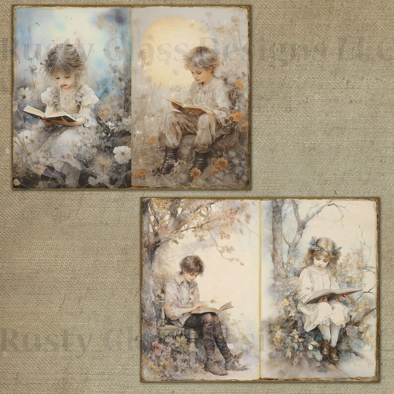 Vintage Children Books Journal, Children Reading Books Junk Journal Pages, Printable Journal ...