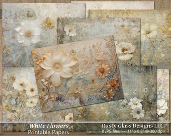 May include: A set of eight digital paper designs featuring white flowers on a textured background. The papers are 11 inches by 8.5 inches and 300 dpi.