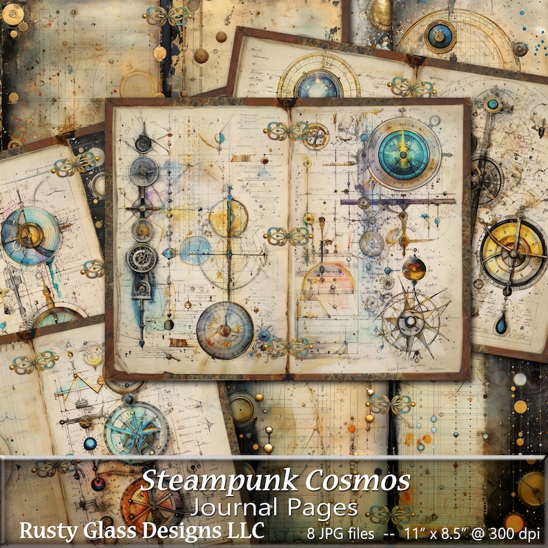 May include: A set of eight digital scrapbook paper pages featuring a steampunk cosmos theme. The pages are decorated with intricate clockwork designs, gears, and compass roses. The pages are in shades of brown, gold, blue, and white.