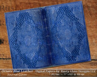 Digital Journal Cover, &quot;Ornate Blue Leather&quot; / Junk Journal pages / Junk Journal Cover / Journaling / Bookcover / Digital Papers / Leather