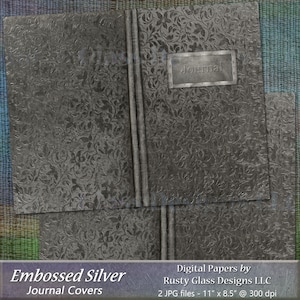 Silver Embossed Leather Printable Journal Covers, Junk Journal Covers, Silver Junk Journal Covers, Embossed Leather Journal Covers