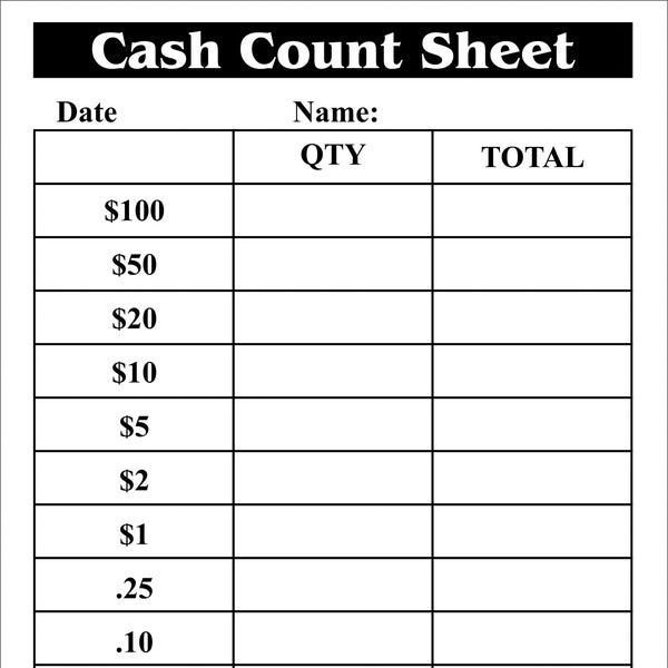 Cash Breakdown, Count Sheet, Cash Breakdown Slip PDF, Cash Withdrawal Slip, Teller Slip,  Cash Stuffing, Printable, Digital Download
