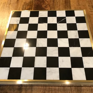 Bardiglio Light Gray & Nero Black Marble Chess / Checkers Board with 2-Stage Polished Aluminum and Brass Frame