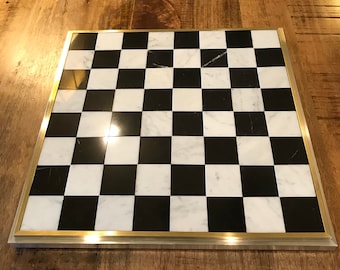 Bardiglio Light Gray & Nero Black Marble Chess / Checkers Board with 2-Stage Polished Aluminum and Brass Frame