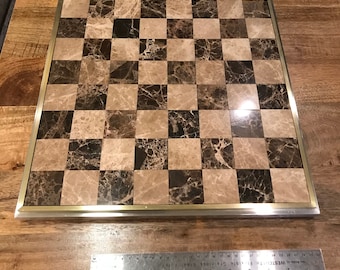 Light and Dark Emperador Marble Chess / Checkers Board with 2-Stage Polished Aluminum and Brass Frame