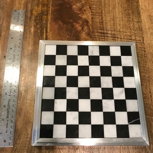 SMALL Carrara White & Nero Black Marble Chess / Checkers Board with 2-Stage Polished Aluminum Frame