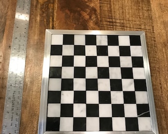 SMALL Carrara White & Nero Black Marble Chess / Checkers Board with 2-Stage Polished Aluminum Frame