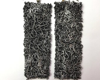 Large Silver Iridescent Squiggle Rectangle Earrings -005
